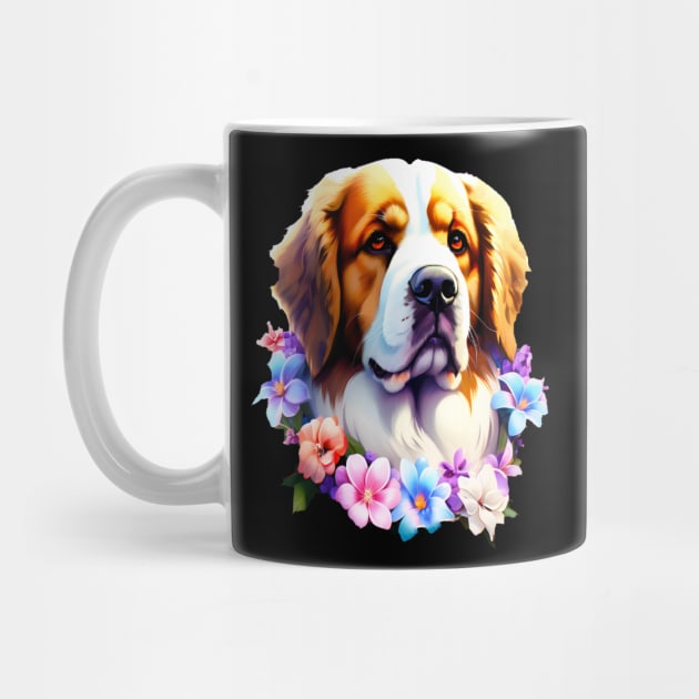 Saint Bernard Dog Surrounded by Beautiful Spring Flowers by BirdsnStuff